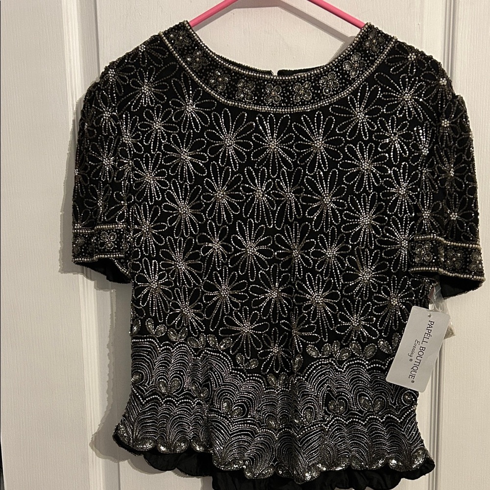 Papell Boutique Black and Silver Floral Blouse size XL NWT